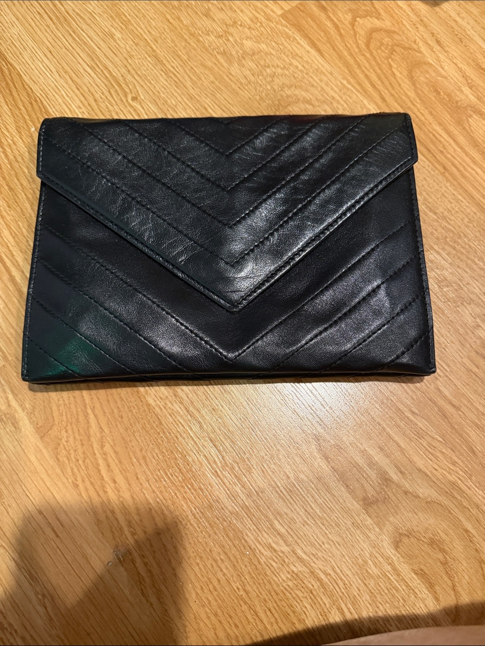 Yves Saint Laurent V-stitch Leather Clutch Bag-Black with Insert and Gold Chain